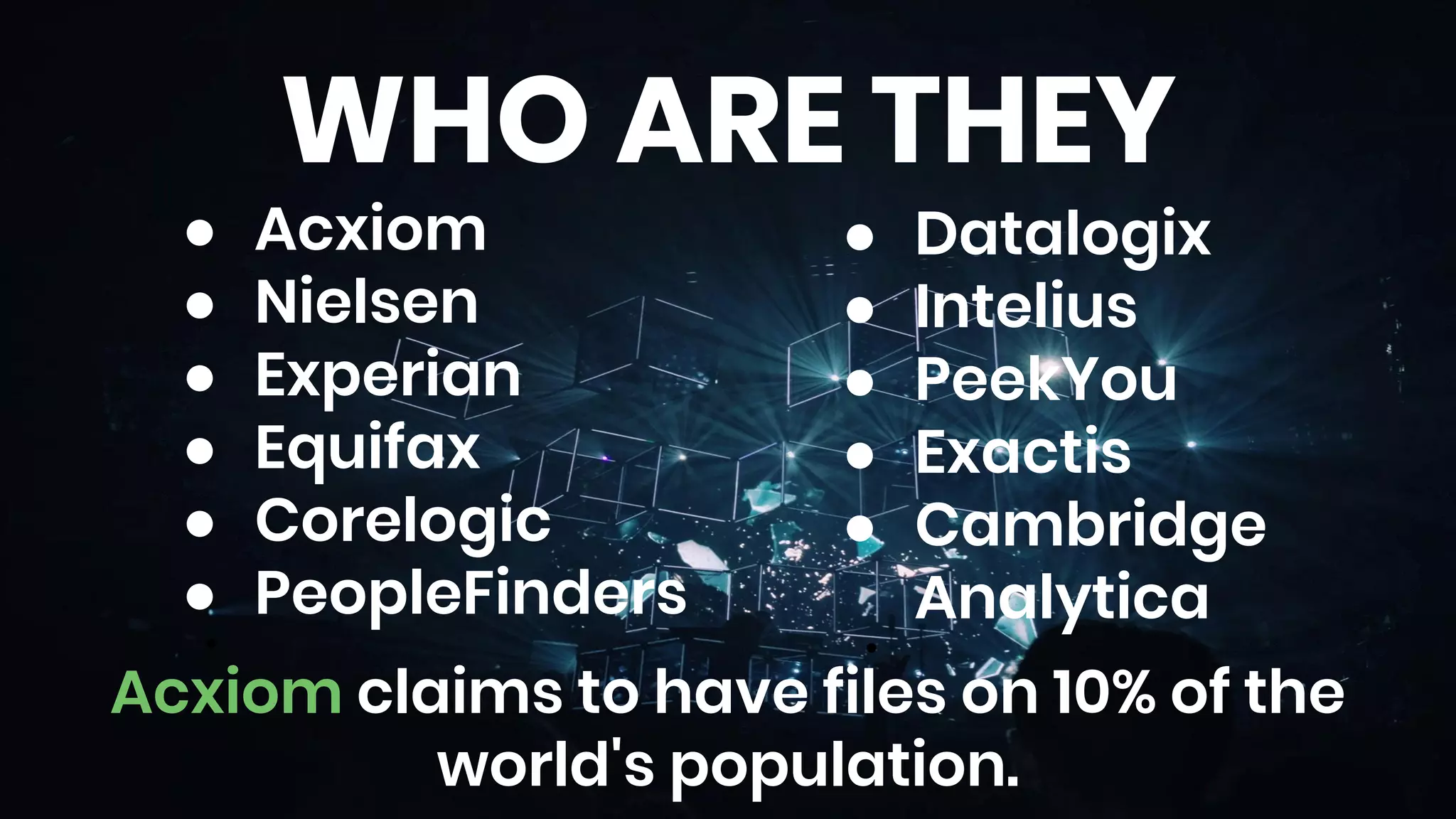 WHO ARE THEY
● Acxiom
● Nielsen
● Experian
● Equifax
● Corelogic
● PeopleFinders
●
● Datalogix
● Intelius
● PeekYou
● Exactis
● Cambridge
Analytica
●
Acxiom claims to have files on 10% of the
world's population.
 
