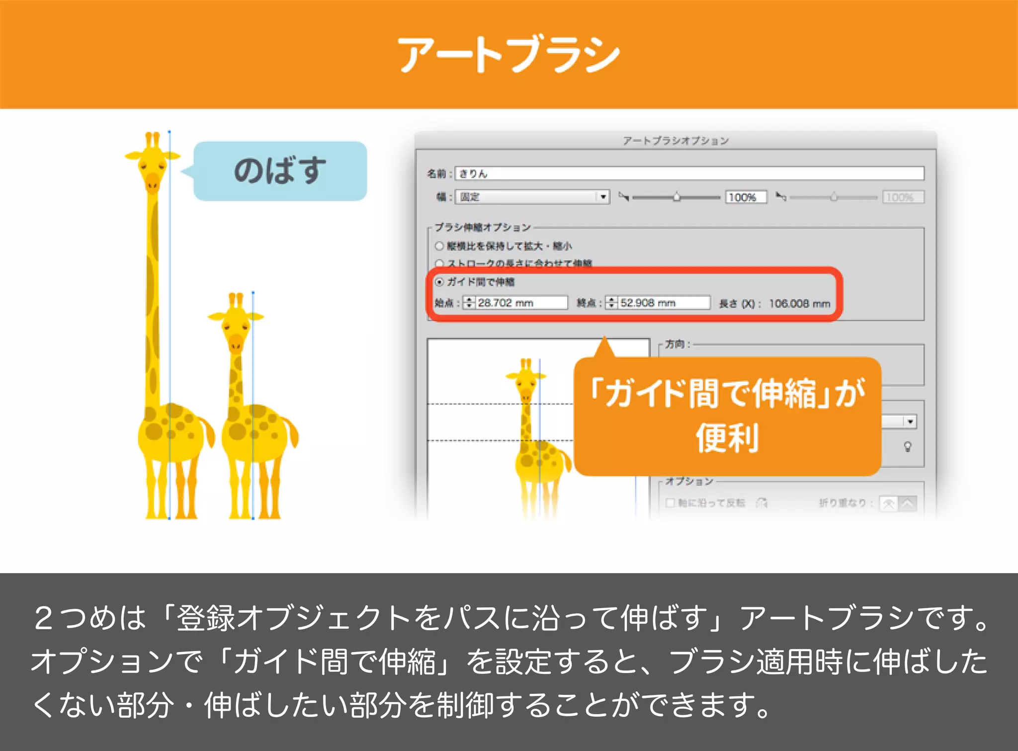 ２つめは「登録オブジェクトをパスに沿って伸ばす」アートブラシです。
オプションで「ガイド間で伸縮」を設定すると、ブラシ適用時に伸ばした
くない部分・伸ばしたい部分を制御することができます。
 