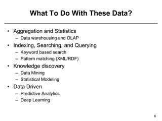 What To Do With These Data?
6
• Aggregation and Statistics
– Data warehousing and OLAP
• Indexing, Searching, and Querying
– Keyword based search
– Pattern matching (XML/RDF)
• Knowledge discovery
– Data Mining
– Statistical Modeling
• Data Driven
– Predictive Analytics
– Deep Learning
 