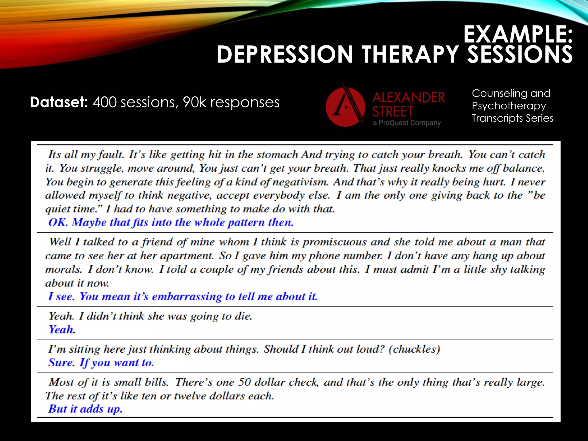 EXAMPLE:
DEPRESSION THERAPY SESSIONS
Dataset: 400 sessions, 90k responses
Counseling and
Psychotherapy
Transcripts Series
 