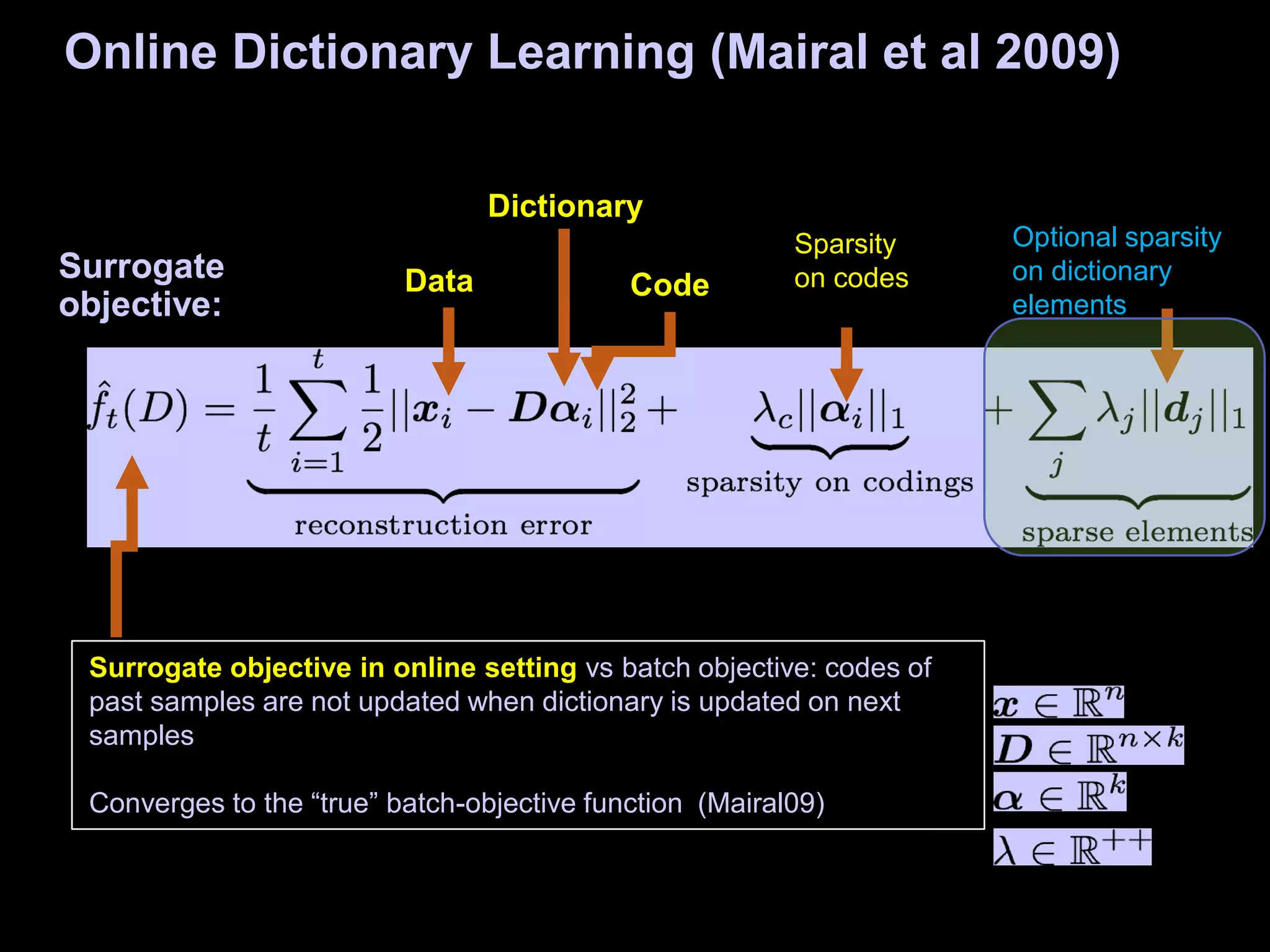 Online Dictionary Learning (Mairal et al 2009)
Surrogate
objective:
Surrogate objective in online setting vs batch objective: codes of
past samples are not updated when dictionary is updated on next
samples
Converges to the “true” batch-objective function (Mairal09)
Data
Dictionary
Code
Sparsity
on codes
Optional sparsity
on dictionary
elements
 