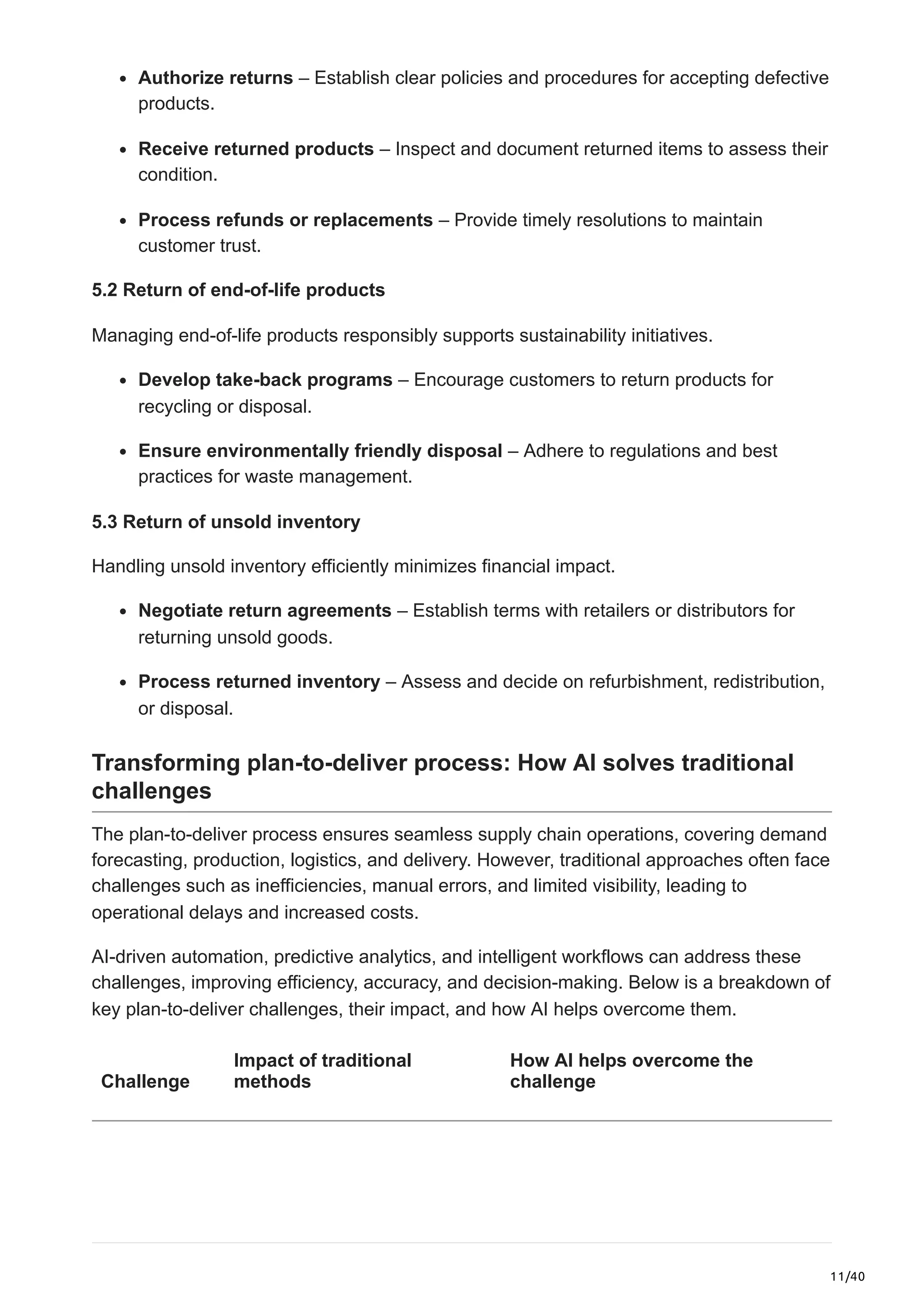 11/40
Authorize returns – Establish clear policies and procedures for accepting defective
products.​
Receive returned products – Inspect and document returned items to assess their
condition.​
Process refunds or replacements – Provide timely resolutions to maintain
customer trust.​
5.2 Return of end-of-life products
Managing end-of-life products responsibly supports sustainability initiatives.​
Develop take-back programs – Encourage customers to return products for
recycling or disposal.​
Ensure environmentally friendly disposal – Adhere to regulations and best
practices for waste management.​
5.3 Return of unsold inventory
Handling unsold inventory efficiently minimizes financial impact.​
Negotiate return agreements – Establish terms with retailers or distributors for
returning unsold goods.​
Process returned inventory – Assess and decide on refurbishment, redistribution,
or disposal.
Transforming plan-to-deliver process: How AI solves traditional
challenges
The plan-to-deliver process ensures seamless supply chain operations, covering demand
forecasting, production, logistics, and delivery. However, traditional approaches often face
challenges such as inefficiencies, manual errors, and limited visibility, leading to
operational delays and increased costs.
AI-driven automation, predictive analytics, and intelligent workflows can address these
challenges, improving efficiency, accuracy, and decision-making. Below is a breakdown of
key plan-to-deliver challenges, their impact, and how AI helps overcome them.
Challenge
Impact of traditional
methods
How AI helps overcome the
challenge
 