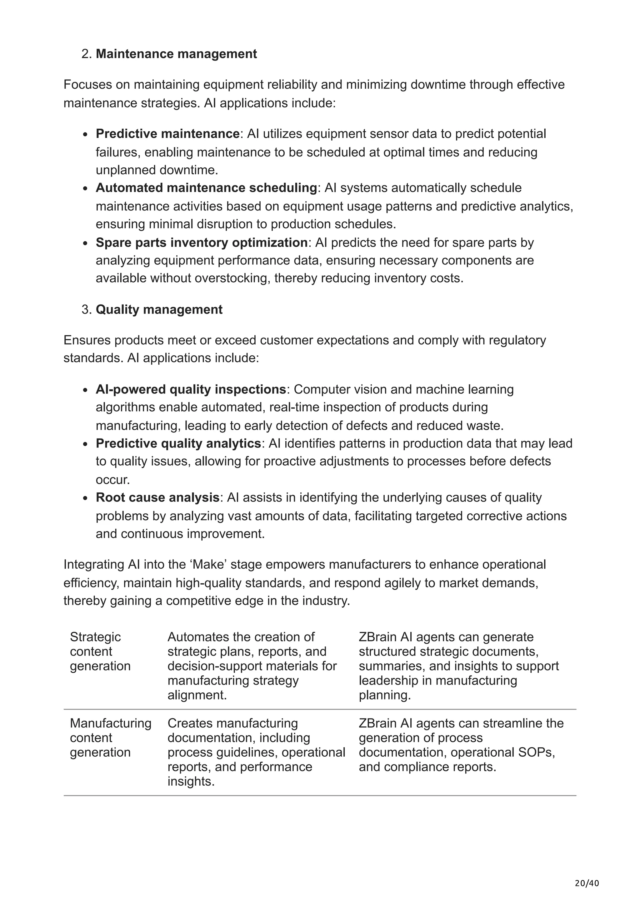 20/40
2. Maintenance management
Focuses on maintaining equipment reliability and minimizing downtime through effective
maintenance strategies. AI applications include:​
Predictive maintenance: AI utilizes equipment sensor data to predict potential
failures, enabling maintenance to be scheduled at optimal times and reducing
unplanned downtime.
Automated maintenance scheduling: AI systems automatically schedule
maintenance activities based on equipment usage patterns and predictive analytics,
ensuring minimal disruption to production schedules.
Spare parts inventory optimization: AI predicts the need for spare parts by
analyzing equipment performance data, ensuring necessary components are
available without overstocking, thereby reducing inventory costs.
3. Quality management
Ensures products meet or exceed customer expectations and comply with regulatory
standards. AI applications include:​
AI-powered quality inspections: Computer vision and machine learning
algorithms enable automated, real-time inspection of products during
manufacturing, leading to early detection of defects and reduced waste.
Predictive quality analytics: AI identifies patterns in production data that may lead
to quality issues, allowing for proactive adjustments to processes before defects
occur.
Root cause analysis: AI assists in identifying the underlying causes of quality
problems by analyzing vast amounts of data, facilitating targeted corrective actions
and continuous improvement.
Integrating AI into the ‘Make’ stage empowers manufacturers to enhance operational
efficiency, maintain high-quality standards, and respond agilely to market demands,
thereby gaining a competitive edge in the industry.
Strategic
content
generation
Automates the creation of
strategic plans, reports, and
decision-support materials for
manufacturing strategy
alignment.
ZBrain AI agents can generate
structured strategic documents,
summaries, and insights to support
leadership in manufacturing
planning.
Manufacturing
content
generation
Creates manufacturing
documentation, including
process guidelines, operational
reports, and performance
insights.
ZBrain AI agents can streamline the
generation of process
documentation, operational SOPs,
and compliance reports.
 