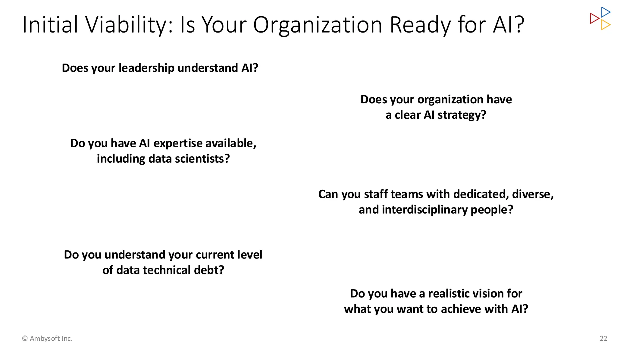 © Ambysoft Inc. 22
Does your leadership understand AI?
Does your organization have
a clear AI strategy?
Do you have AI expertise available,
including data scientists?
Do you have a realistic vision for
what you want to achieve with AI?
Do you understand your current level
of data technical debt?
Can you staff teams with dedicated, diverse,
and interdisciplinary people?
Initial Viability: Is Your Organization Ready for AI?
 