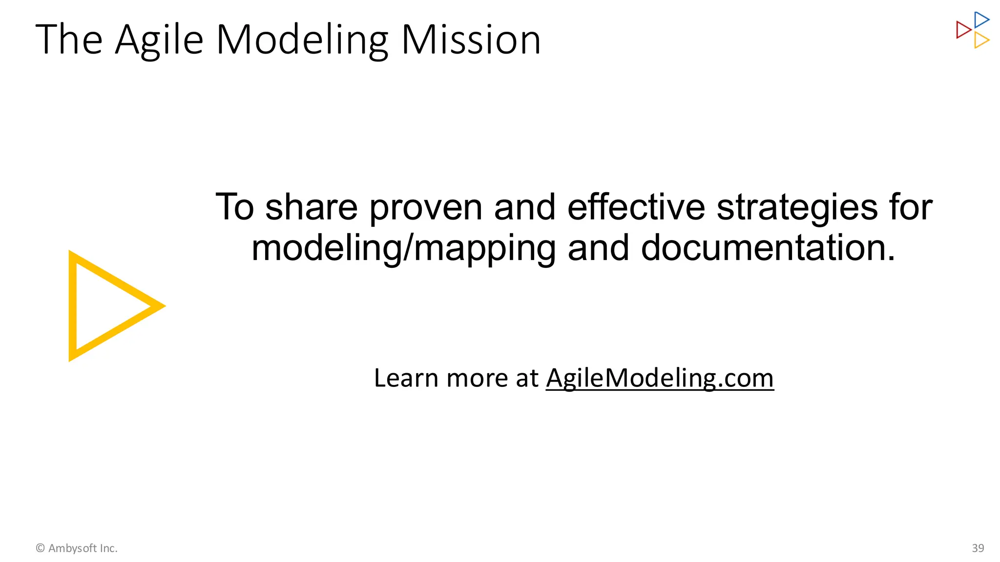 The Agile Modeling Mission
To share proven and effective strategies for
modeling/mapping and documentation.
Learn more at AgileModeling.com
© Ambysoft Inc. 39
 