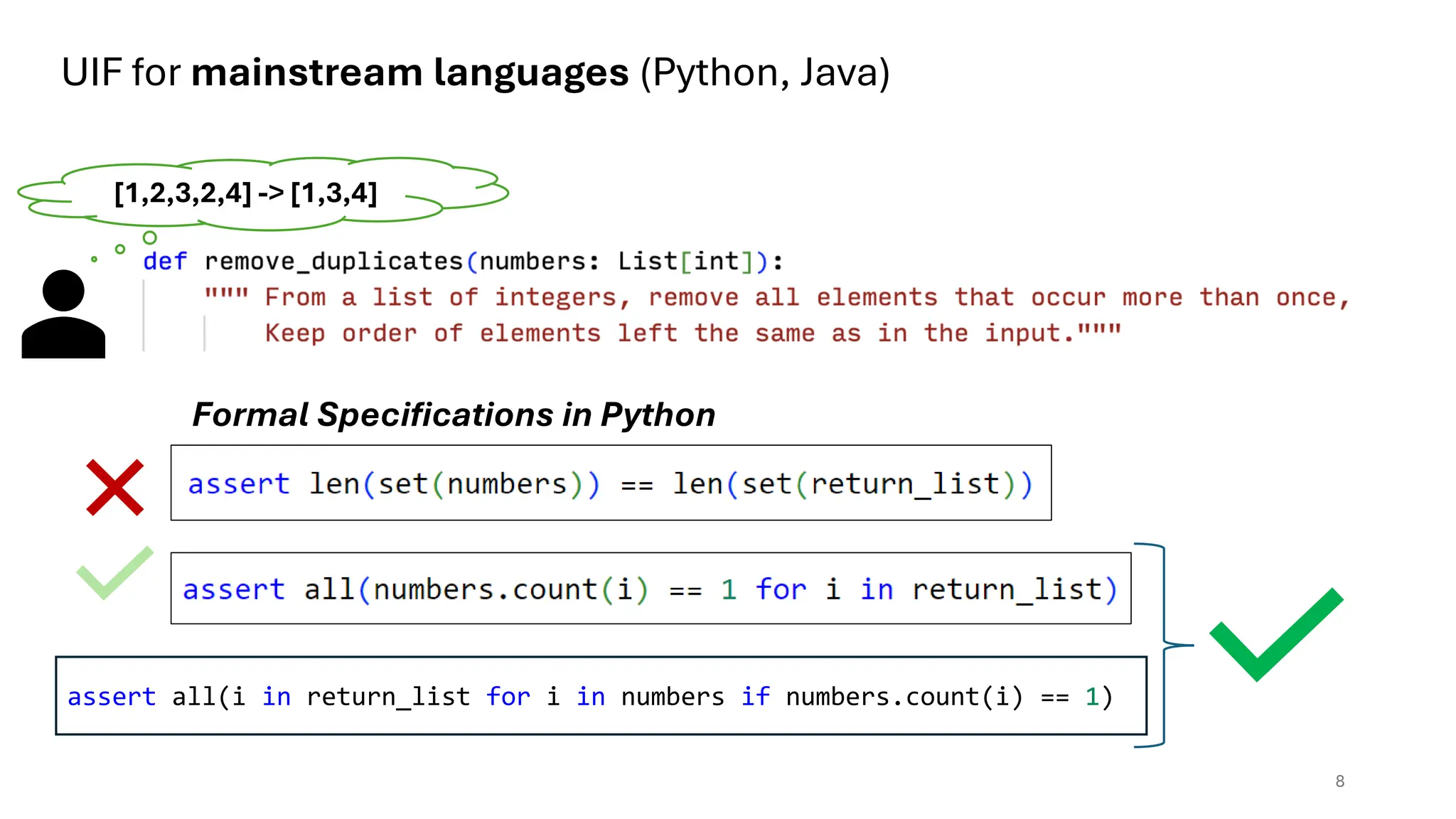 Formal Specifications in Python
8
UIF for mainstream languages (Python, Java)
[1,2,3,2,4] -> [1,3,4]
assert all(i in return_list for i in numbers if numbers.count(i) == 1)
 