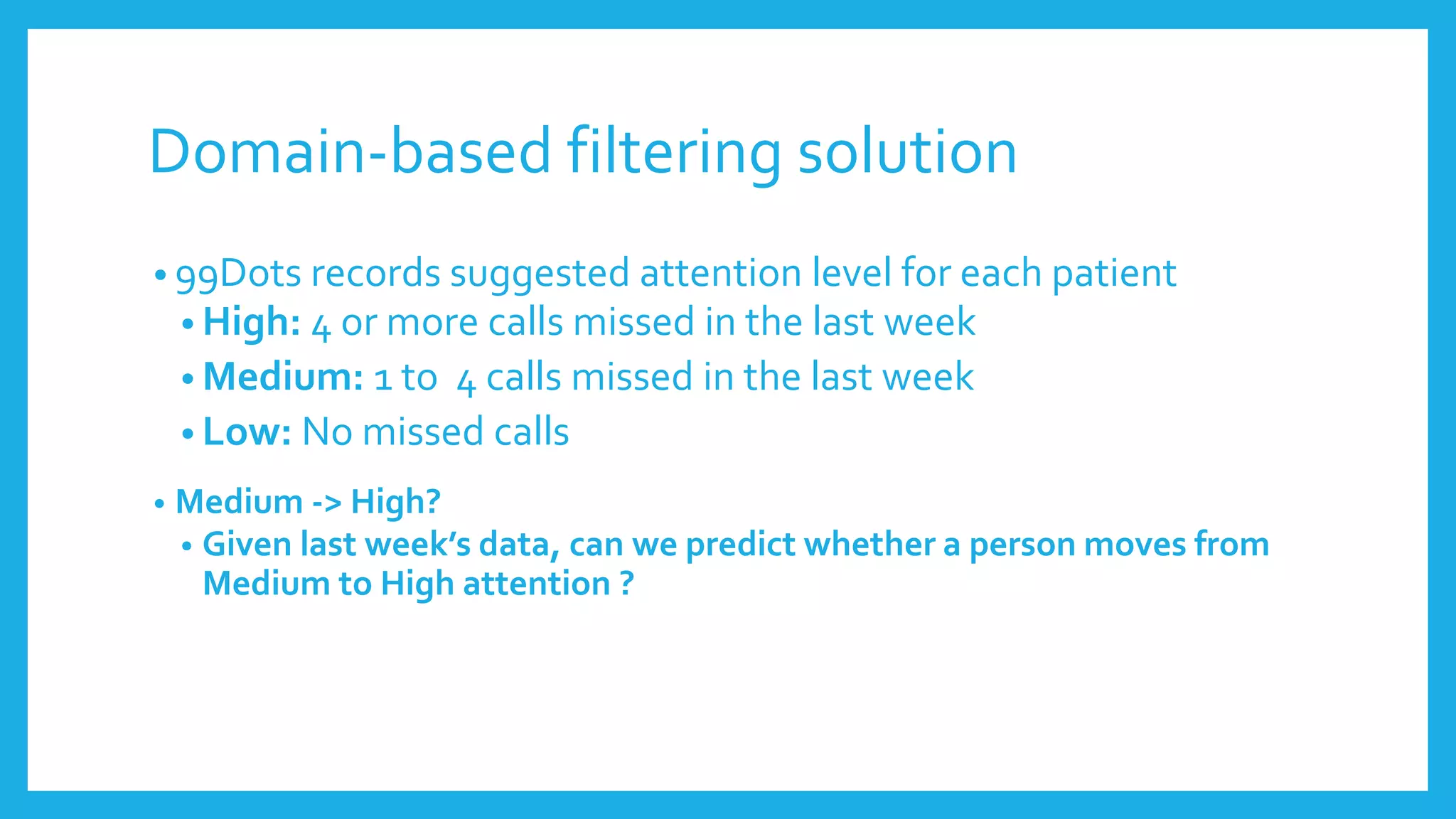 Domain-based filtering solution
• 99Dots records suggested attention level for each patient
• High: 4 or more calls missed in the last week
• Medium: 1 to 4 calls missed in the last week
• Low: No missed calls
• Medium -> High?
• Given last week’s data, can we predict whether a person moves from
Medium to High attention ?
 