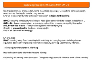 Sector priorities: some thoughts from EM LPs
Study programmes: changes to funding mean less money per L; less time per qualification.
Also reduced funding for tutorial programmes.
LPs will increasingly turn to technology to support independent learning

BYOD: ensuring infrastructure can cope; need good connectivity to support independent L
(WBL) 24+ loans; money given to employer, rather than provider, so spotlight on value
MIS, better use of data – complicated systems need simplifying
Growth in apprenticeship funding – employability
Use of VLEs/cloud technology

LP priorities
BYOD: moving away from investing in kit - actively encouraging users to bring devices
equitable access by improving external connectivity; develop user friendly interface.
Technology for independent learning

How to balance core offer with bespoke training
Expanding e-Learning team to support College strategy to move towards more online delivery

 