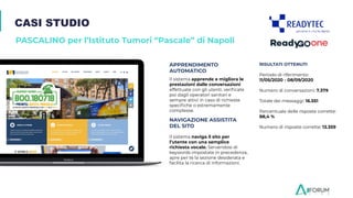 CASI STUDIO
PASCALINO per l’Istituto Tumori “Pascale” di Napoli
NAVIGAZIONE ASSISTITA
DEL SITO
APPRENDIMENTO
AUTOMATICO
Il sistema apprende e migliora le
prestazioni dalle conversazioni
effettuate con gli utenti, veriﬁcate
poi dagli operatori sanitari e
sempre attivi in caso di richieste
speciﬁche o estremamente
complesse.
Il sistema naviga il sito per
l’utente con una semplice
richiesta vocale. Servendosi di
keywords impostate in precedenza,
apre per te la sezione desiderata e
facilita la ricerca di informazioni.
RISULTATI OTTENUTI
Periodo di riferimento:
11/05/2020 - 08/09/2020
Numero di conversazioni: 7.379
Totale dei messaggi: 16.551
Percentuale delle risposte corrette:
88,4 %
Numero di risposte corrette: 13.359
 