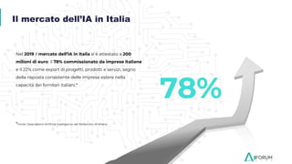 Nel 2019 il mercato dell’IA in Italia si è attestato a 200
milioni di euro: il 78% commissionato da imprese italiane
e il 22% come export di progetti, prodotti e servizi, segno
della risposta consistente delle imprese estere nella
capacità dei fornitori italiani.*
*Fonte: Osservatorio Artiﬁcial Intelligence del Politecnico di Milano
78%
Il mercato dell’IA in Italia
 