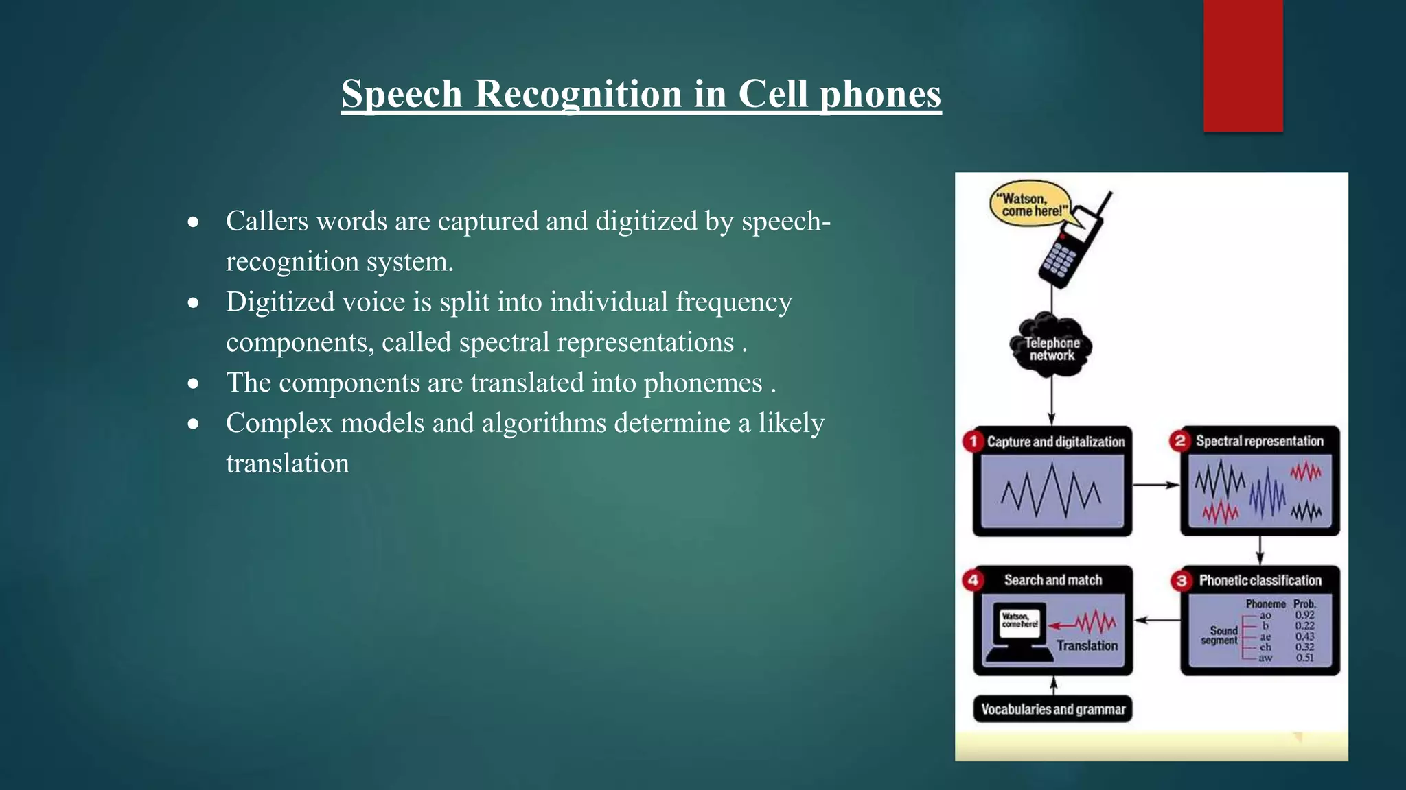 Speech Recognition in Cell phones
 Callers words are captured and digitized by speech-
recognition system.
 Digitized voice is split into individual frequency
components, called spectral representations .
 The components are translated into phonemes .
 Complex models and algorithms determine a likely
translation
 