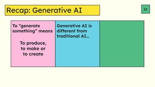 Generative AI is
different from
traditional AI
Recap: Generative AI 12
To generate
something means
To produce,
to make or
to create
 