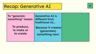Generative AI is
different from
traditional AI
Recap: Generative AI 13
To generate
something means
Because it creates
(generates)
something new!
To produce,
to make or
to create
 