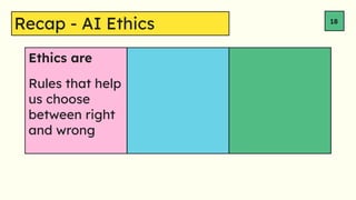 Ethics are
Recap - AI Ethics 18
Rules that help
us choose
between right
and wrong
 
