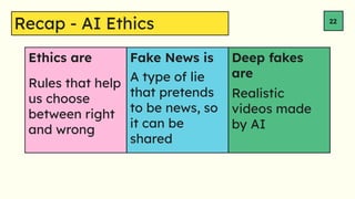 Ethics are Fake News is Deep fakes
are
Recap - AI Ethics 22
Rules that help
us choose
between right
and wrong
A type of lie
that pretends
to be news, so
it can be
shared
Realistic
videos made
by AI
 