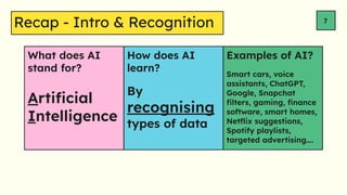 What does AI
stand for?
How does AI
learn?
Examples of AI?
7
Arti?cial
Intelligence
By
recognising
types of data
Smart cars, voice
assistants, ChatGPT,
Google, Snapchat
?lters, gaming, ?nance
software, smart homes,
Net?ix suggestions,
Spotify playlists,
targeted advertising.
Recap - Intro & Recognition
 