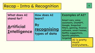 What does AI
stand for?
How does AI
learn?
Examples of AI?
8
Arti?cial
Intelligence
By
recognising
types of data
Smart cars, voice
assistants, ChatGPT,
Google, Snapchat
?lters, gaming, ?nance
software, smart homes,
Net?ix suggestions,
Spotify playlists,
targeted advertising.
AI is pretty
much
everywhere
Recap - Intro & Recognition
 