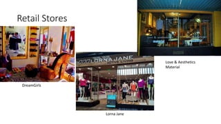 Retail Stores
DreamGirls
Lorna Jane
Love & Aesthetics
Material
 