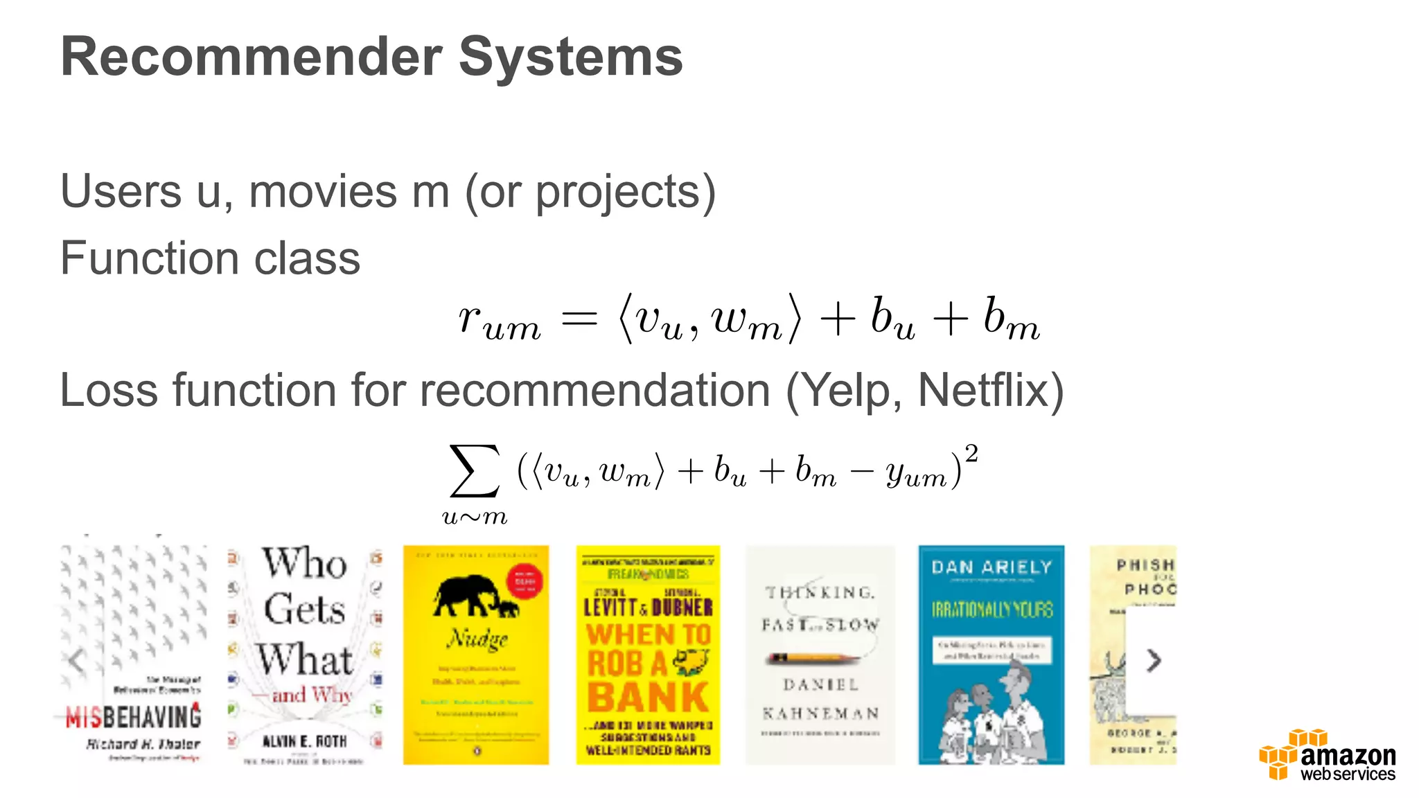 Recommender Systems
Users u, movies m (or projects)
Function class
Loss function for recommendation (Yelp, Netflix) 
 
rum = hvu, wmi + bu + bm
X
u⇠m
(hvu, wmi + bu + bm yum)
2
 