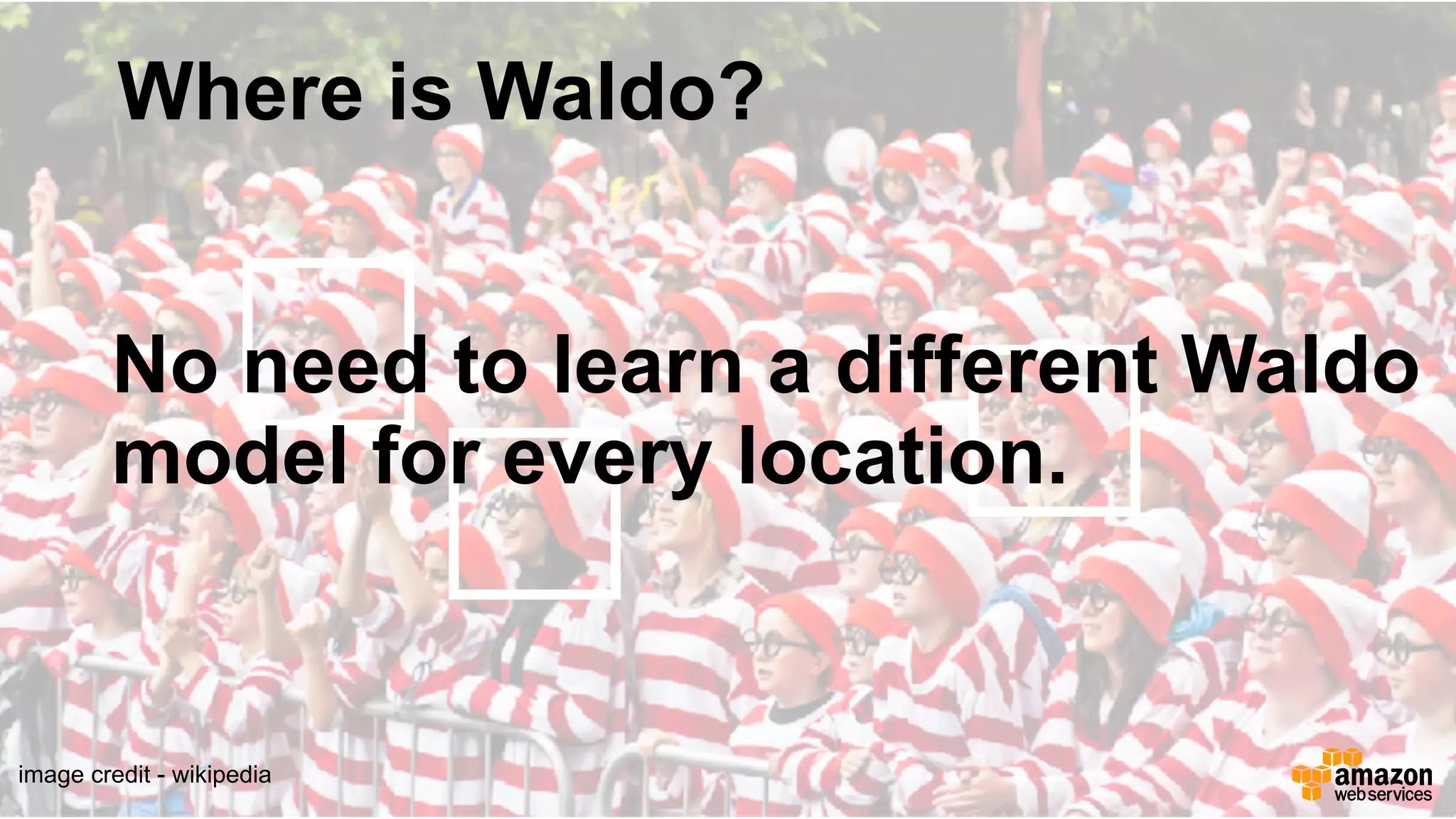 Where is Waldo?
No need to learn a different Waldo
model for every location.
image credit - wikipedia
 