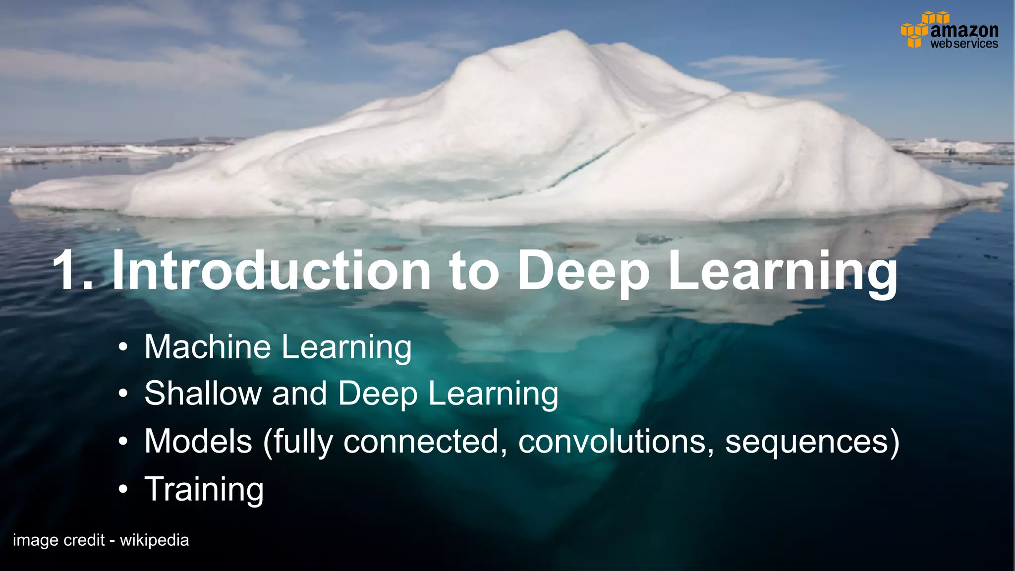 1. Introduction to Deep Learning
• Machine Learning
• Shallow and Deep Learning
• Models (fully connected, convolutions, sequences)
• Training
image credit - wikipedia
 