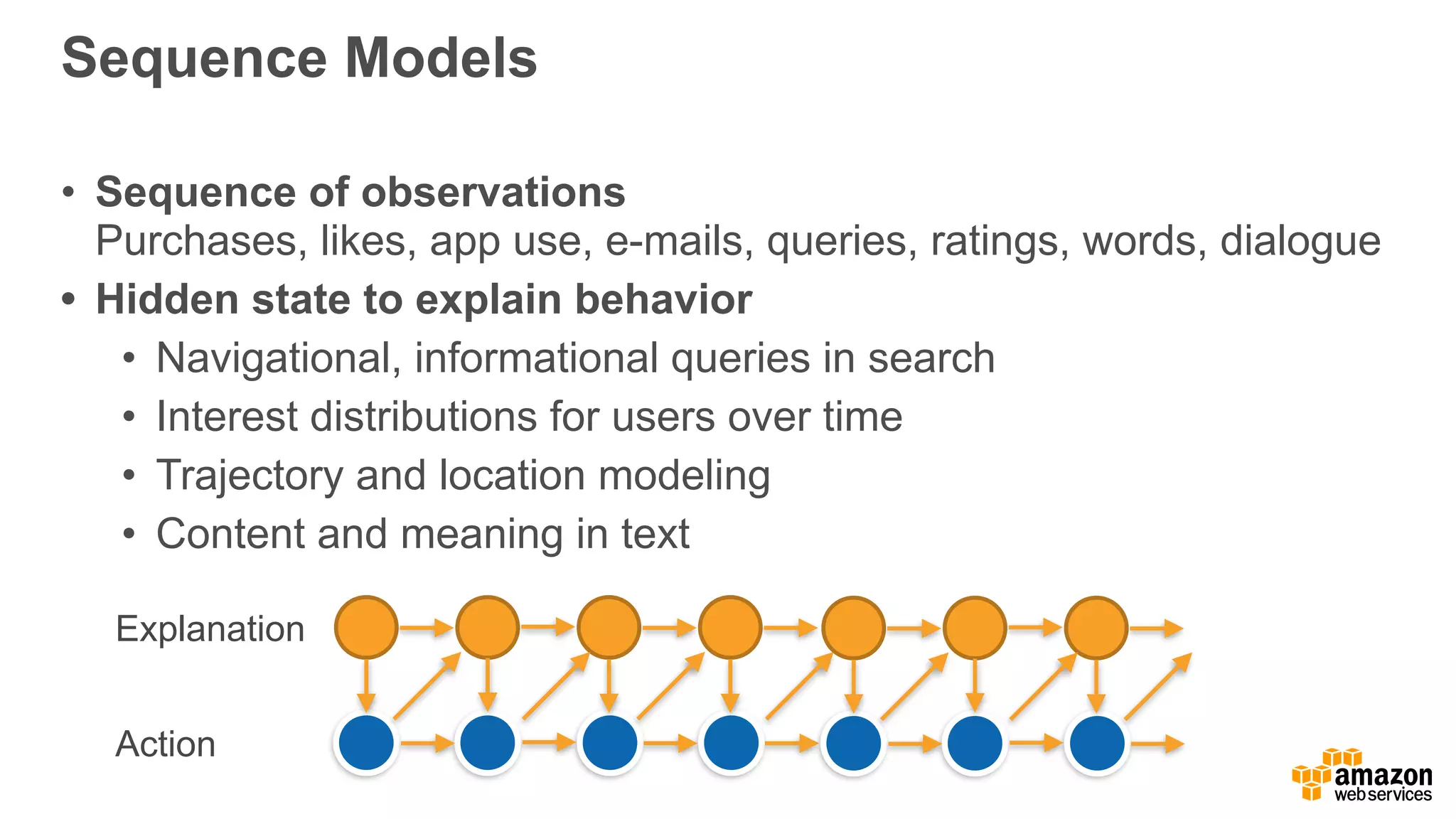 Sequence Models
• Sequence of observations 
Purchases, likes, app use, e-mails, queries, ratings, words, dialogue
• Hidden state to explain behavior
• Navigational, informational queries in search
• Interest distributions for users over time
• Trajectory and location modeling
• Content and meaning in text
Action
Explanation
 