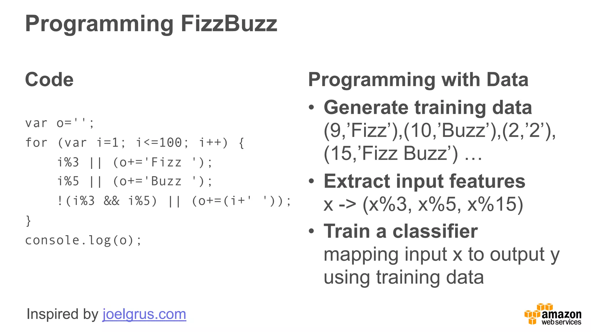 Programming FizzBuzz
Code
var o='';
for (var i=1; i<=100; i++) {
i%3 || (o+='Fizz ');
i%5 || (o+='Buzz ');
!(i%3 && i%5) || (o+=(i+' '));
}
console.log(o);
Programming with Data
• Generate training data  
(9,’Fizz’),(10,’Buzz’),(2,’2’),
(15,’Fizz Buzz’) …
• Extract input features 
x -> (x%3, x%5, x%15)
• Train a classifier  
mapping input x to output y
using training data
Inspired by joelgrus.com
 
