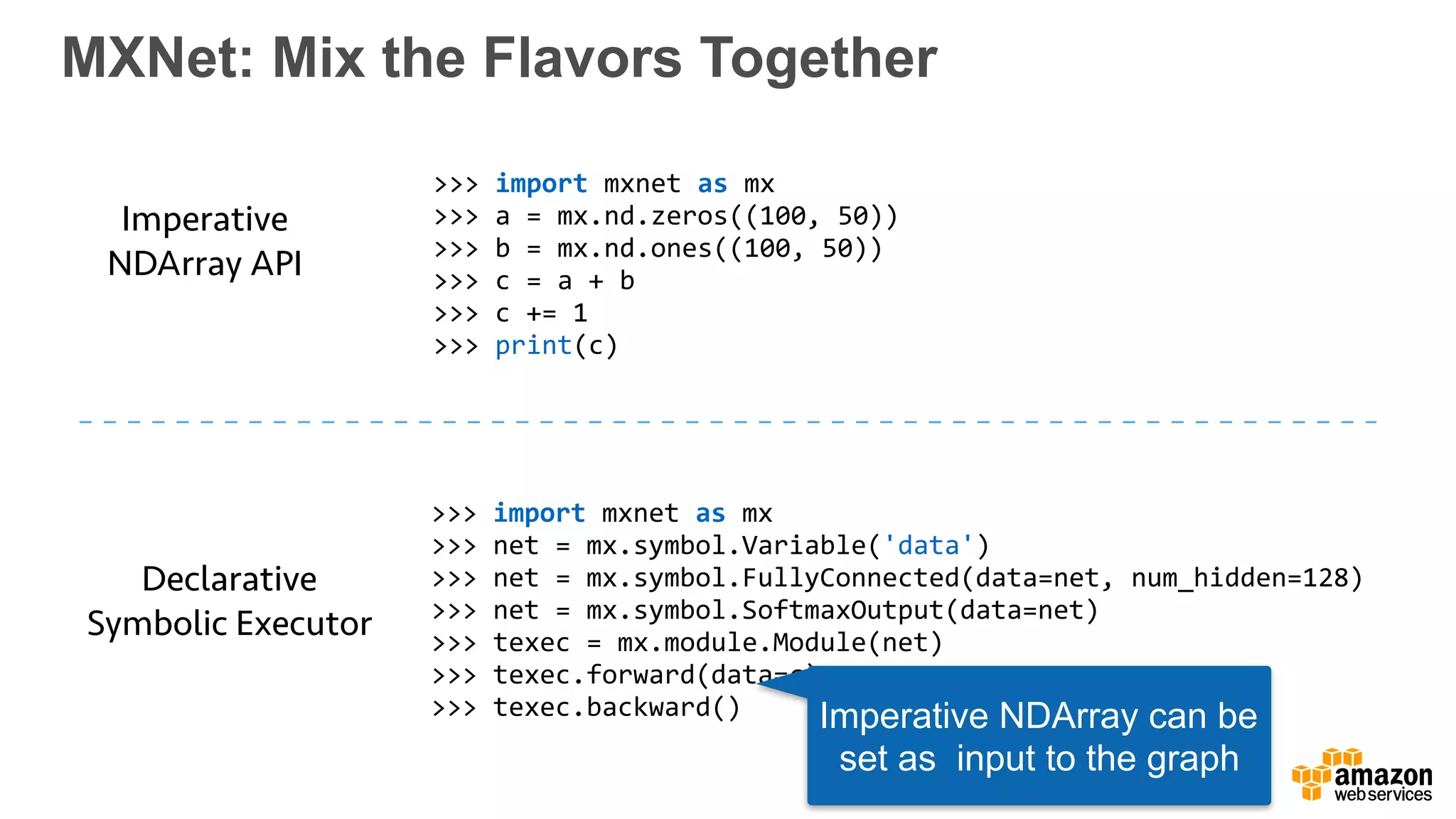 MXNet: Mix the Flavors Together
Imperative
NDArray API
Declarative
Symbolic Executor
>>> import mxnet as mx
>>> a = mx.nd.zeros((100, 50))
>>> b = mx.nd.ones((100, 50))
>>> c = a + b
>>> c += 1
>>> print(c)
>>> import mxnet as mx
>>> net = mx.symbol.Variable('data')
>>> net = mx.symbol.FullyConnected(data=net, num_hidden=128)
>>> net = mx.symbol.SoftmaxOutput(data=net)
>>> texec = mx.module.Module(net)
>>> texec.forward(data=c)
>>> texec.backward() Imperative NDArray can be
set as input to the graph
 