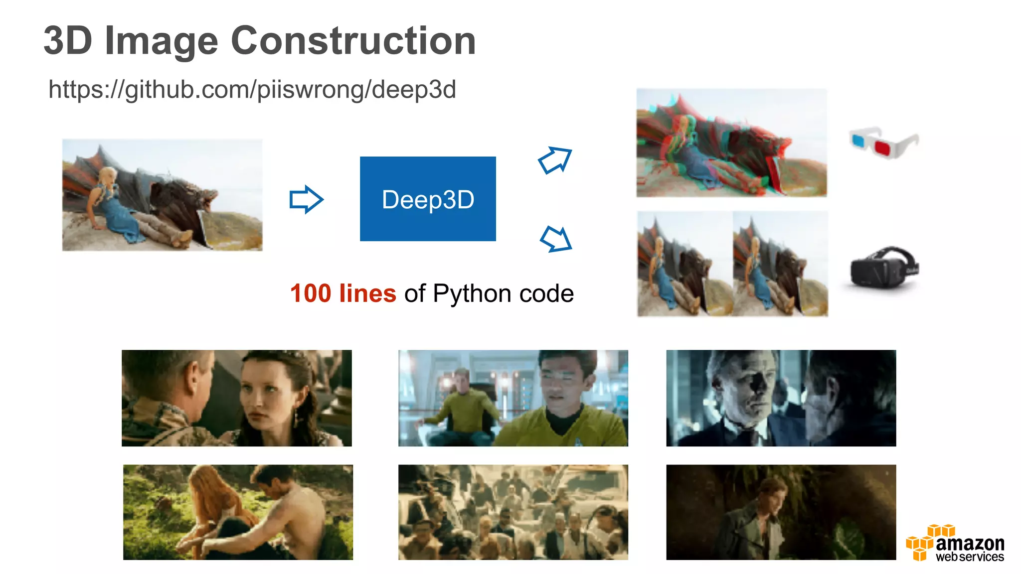 3D Image Construction
Deep3D
100 lines of Python code
https://github.com/piiswrong/deep3d
 