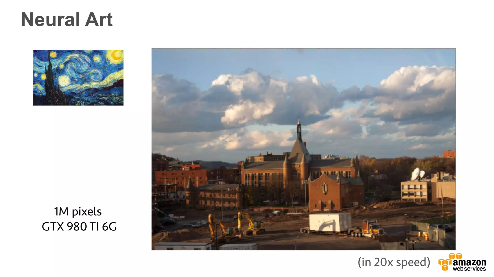 Neural Art
1M pixels
GTX 980 TI 6G
(in 20x speed)
 