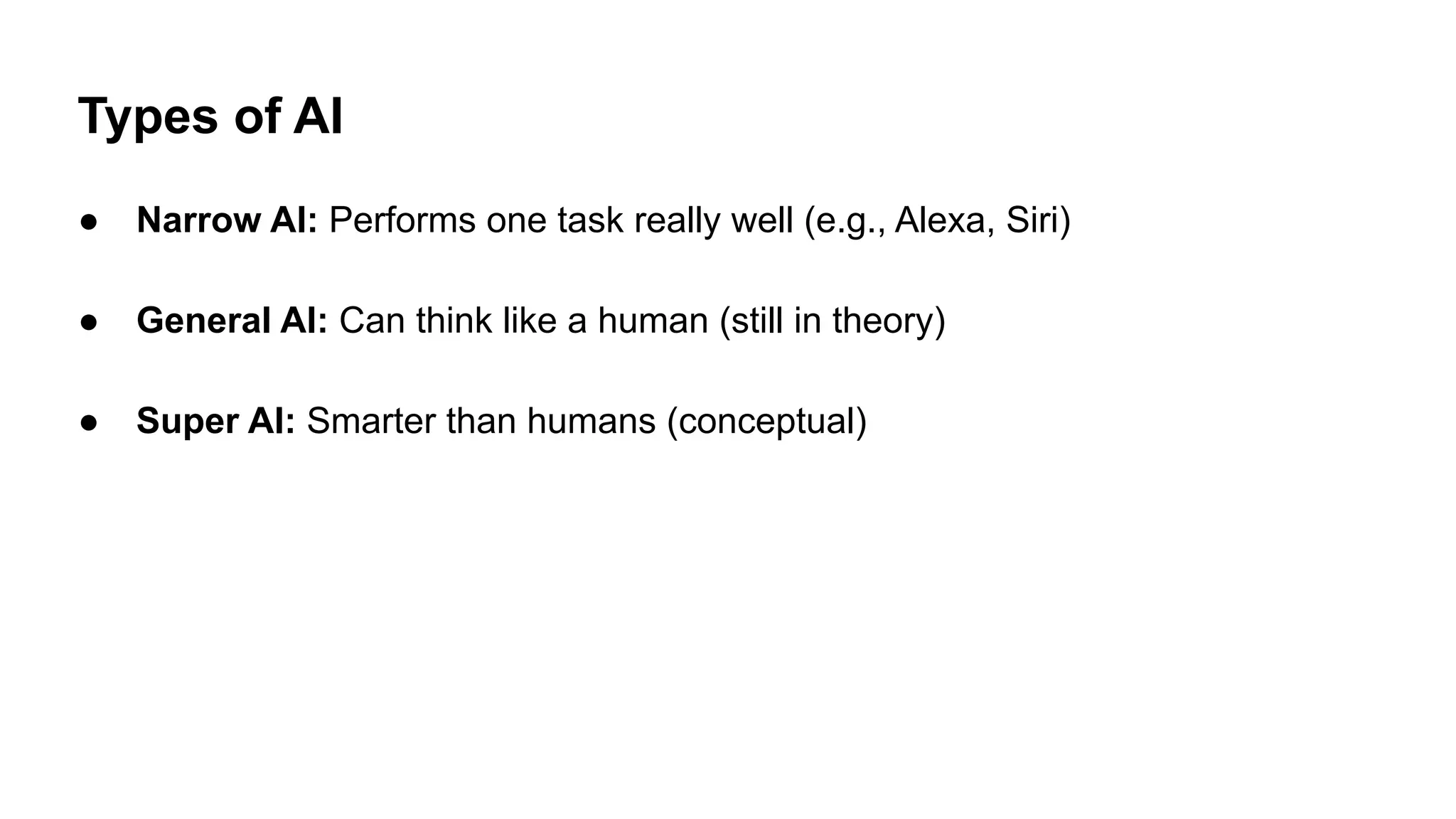 Types of AI
● Narrow AI: Performs one task really well (e.g., Alexa, Siri)
● General AI: Can think like a human (still in theory)
● Super AI: Smarter than humans (conceptual)
 