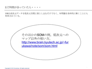 まだ時間が余っていたら・・・・
SOMは高次元データを低次元空間に落とし込むだけでなく、NP問題を効率的に解くことにも
利用されている。

そのほかのSOMの例。低次元への
マップ以外の使い方。
http://www.brain.kyutech.ac.jp/~fur
ukawa/note/som/som.html

14

 