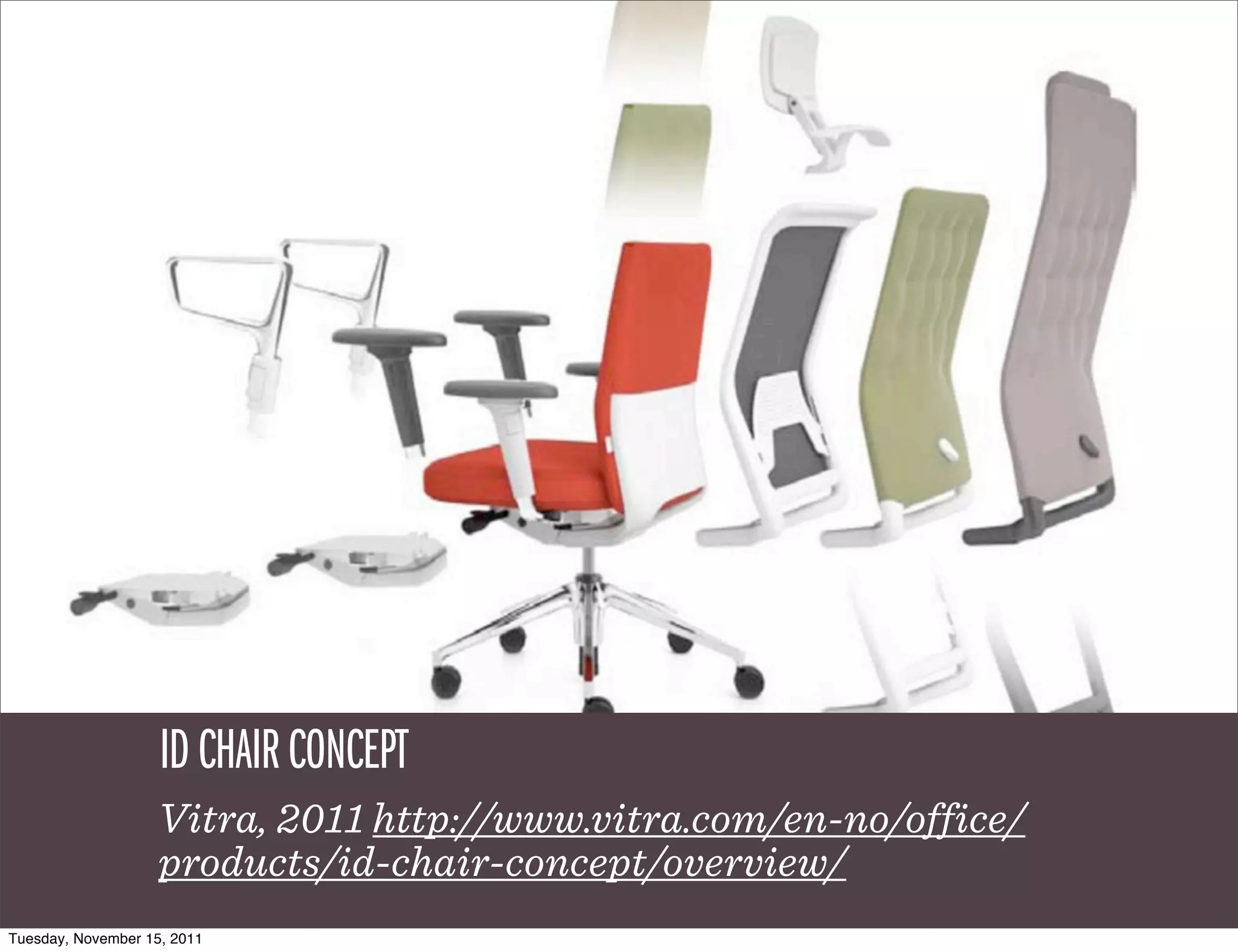 ID CHAIR CONCEPT
                    Vitra, 2011 http://www.vitra.com/en-no/office/
                    products/id-chair-concept/overview/
Tuesday, November 15, 2011
 