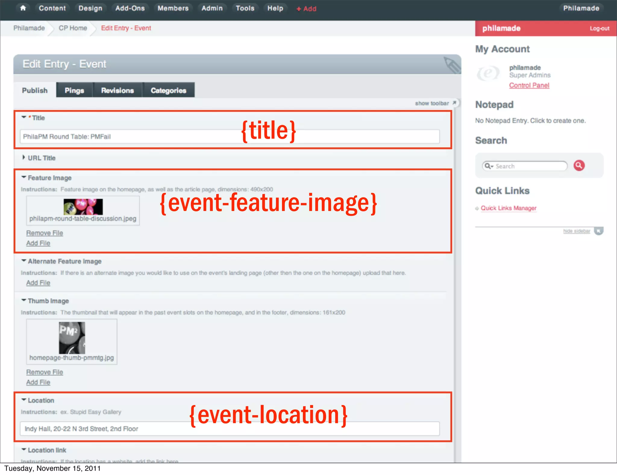 {title}

                             {event-feature-image}




                               {event-location}
Tuesday, November 15, 2011
 
