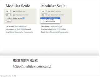 MODULAR TYPE SCALES
                    http://modularscale.com/

Tuesday, November 15, 2011
 