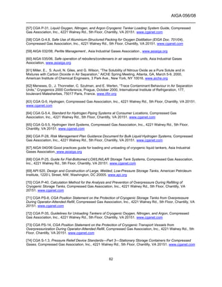 AIGA 056/08
______________________________________________________________________
62
[57] CGA P-31, Liquid Oxygen, Nitrogen, and Argon Cryogenic Tanker Loading System Guide, Compressed
Gas Association, Inc., 4221 Walney Rd., 5th Floor, Chantilly, VA 20151. www.cganet.com
[58] CGA G-4.8, Safe Use of Aluminium-Structured Packing for Oxygen Distillation (EIGA Doc. 701/04),
Compressed Gas Association, Inc., 4221 Walney Rd., 5th Floor, Chantilly, VA 20151. www.cganet.com
[59] AIGA 032/08, Perlite Management , Asia Industrial Gases Association , www.asiaiga.org
[60] AIGA 035/06, Safe operation of reboilers/condensers in air separation units, Asia Industrial Gases
Association, www.asiaiga.org
[61] Miller, E., S. Auvil, N. Giles, and G. Wilson, “The Solubility of Nitrous Oxide as a Pure Solute and in
Mixtures with Carbon Dioxide in Air Separation,” AIChE Spring Meeting, Atlanta, GA, March 5-9, 2000,
American Institute of Chemical Engineers, 3 Park Ave., New York, NY 10016. www.aiche.org
[62] Meneses, D., J. Thonnelier, C. Szulman, and E. Werlen, “Trace Contaminant Behaviour in Air Separation
Units,” Cryogenics 2000 Conference, Prague, October 2000, International Institute of Refrigeration, 177,
boulevard Malesherbes, 75017 Paris, France. www.iifiir.org
[63] CGA G-5, Hydrogen, Compressed Gas Association, Inc., 4221 Walney Rd., 5th Floor, Chantilly, VA 20151.
www.cganet.com
[64] CGA G-5.4, Standard for Hydrogen Piping Systems at Consumer Locations, Compressed Gas
Association, Inc., 4221 Walney Rd., 5th Floor, Chantilly, VA 20151. www.cganet.com
[65] CGA G-5.5, Hydrogen Vent Systems, Compressed Gas Association, Inc., 4221 Walney Rd., 5th Floor,
Chantilly, VA 20151. www.cganet.com
[66] CGA P-28, Risk Management Plan Guidance Document for Bulk Liquid Hydrogen Systems, Compressed
Gas Association, Inc., 4221 Walney Rd., 5th Floor, Chantilly, VA 20151. www.cganet.com
[67] AIGA 040/06 Good practices guide for loading and unloading of cryogenic liquid tankers, Asia Industrial
Gases Association, www.asiaiga.org
[68] CGA P-25, Guide for Flat-Bottomed LOX/LIN/LAR Storage Tank Systems, Compressed Gas Association,
Inc., 4221 Walney Rd., 5th Floor, Chantilly, VA 20151. www.cganet.com
[69] API 620, Design and Construction of Large, Welded, Low-Pressure Storage Tanks, American Petroleum
Institute, 1220 L Street, NW, Washington, DC 20005. www.api.org
[70] CGA P-40, Calculation Method for the Analysis and Prevention of Overpressure During Refilling of
Cryogenic Storage Tanks, Compressed Gas Association, Inc., 4221 Walney Rd., 5th Floor, Chantilly, VA
20151. www.cganet.com
[71] CGA PS-8, CGA Position Statement on the Protection of Cryogenic Storage Tanks from Overpressure
During Operator-Attended Refill, Compressed Gas Association, Inc., 4221 Walney Rd., 5th Floor, Chantilly, VA
20151. www.cganet.com
[72] CGA P-35, Guidelines for Unloading Tankers of Cryogenic Oxygen, Nitrogen, and Argon, Compressed
Gas Association, Inc., 4221 Walney Rd., 5th Floor, Chantilly, VA 20151. www.cganet.com
[73] CGA PS-14, CGA Position Statement on the Protection of Cryogenic Transport Vessels from
Overpressurization During Operator-Attended Refill, Compressed Gas Association, Inc., 4221 Walney Rd., 5th
Floor, Chantilly, VA 20151. www.cganet.com
[74] CGA S-1.3, Pressure Relief Device Standards—Part 3—Stationary Storage Containers for Compressed
Gases, Compressed Gas Association, Inc., 4221 Walney Rd., 5th Floor, Chantilly, VA 20151. www.cganet.com
 