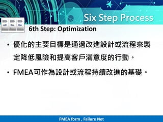 Six Step Process
• 優化的主要目標是通過改進設計或流程來製
定降低風險和提高客戶滿意度的行動。
• FMEA可作為設計或流程持續改進的基礎。
6th Step: Optimization
FMEA form , Failure Net
 