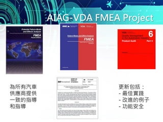 AIAG-VDA FMEA Project
為所有汽車
供應商提供
一致的指導
和指導
更新包括：
- 最佳實踐
- 改進的例子
- 功能安全
 