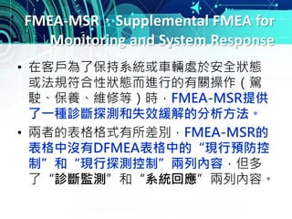 FMEA-MSR，Supplemental FMEA for
Monitoring and System Response
• 在客戶為了保持系統或車輛處於安全狀態
或法規符合性狀態而進行的有關操作（駕
駛、保養、維修等）時，FMEA-MSR提供
了一種診斷探測和失效緩解的分析方法。
• 兩者的表格格式有所差別，FMEA-MSR的
表格中沒有DFMEA表格中的“現行預防控
制”和“現行探測控制”兩列內容，但多
了“診斷監測”和“系統回應”兩列內容。
 