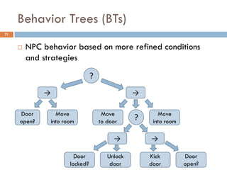 Behavior Trees (BTs)
21


        NPC behavior based on more refined conditions
         and strategies
                                  ?
             →                                    →

     Door          Move                Move              Move
     open?       into room            to door
                                                  ?    into room

                                           →          →

                          Door           Unlock       Kick         Door
                        locked?           door        door         open?
 
