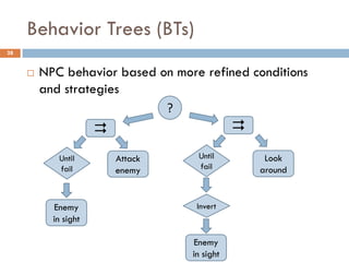 Behavior Trees (BTs)
28


        NPC behavior based on more refined conditions
         and strategies
                             ?
                                             
            Until         Attack    Until          Look
            fail          enemy     fail          around


           Enemy                    Invert
           in sight

                                   Enemy
                                   in sight
 