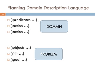 Planning Domain Description Language
15


      (:predicates …)
      (:action …)         DOMAIN
      (:action …)




      (:objects …)
      (:init …)         PROBLEM
      (:goal …)
 