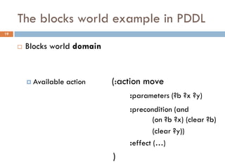The blocks world example in PDDL
19


        Blocks world domain


          Available   action   (:action move
                                     :parameters (?b ?x ?y)
                                     :precondition (and
                                             (on ?b ?x) (clear ?b)
                                             (clear ?y))
                                     :effect (…)
                                )
 