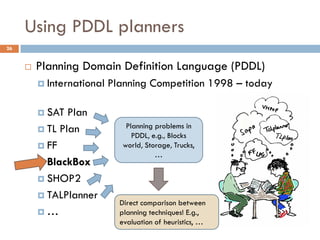 Using PDDL planners
26


        Planning Domain Definition Language (PDDL)
          International   Planning Competition 1998 – today

          SAT  Plan
          TL Plan             Planning problems in
                                 PDDL, e.g., Blocks
          FF                 world, Storage, Trucks,
                                        …
          BlackBox

          SHOP2

          TALPlanner
                             Direct comparison between
         …                  planning techniques! E.g.,
                             evaluation of heuristics, …
 