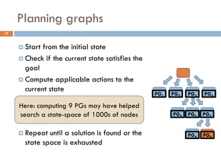 Planning graphs
17


      Start from the initial state
      Check if the current state satisfies the
       goal
      Compute applicable actions to the
       current state
                                                  PG1   PG2   PG3   PG4
      Compute the successor states
     Here: computing 9 PGs may have helped
      Pick one the most of 1000s of of the
     search a state-space promising nodes               PG5   PG6   PG7
       successor states as the current state
      Repeat until a solution is found or the                PG8   PG9
       state space is exhausted
 