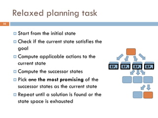 Relaxed planning task
23


      Start from the initial state
      Check if the current state satisfies the
       goal
      Compute applicable actions to the
       current state
                                                  RP1   RP2   RP3   RP4
      Compute the successor states

      Pick one the most promising of the
       successor states as the current state
      Repeat until a solution is found or the
       state space is exhausted
 