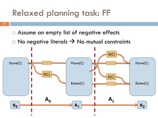 Relaxed planning task: FF
41


          Assume an empty list of negative effects
          No negative literals  No mutual constraints
                                              Β(C)

     Have(C)                   Have(C)                    Have(C)

                     E(C)
                                              E(C)
                               Eaten(C)                   Eaten(C)



                     Α0                       Α1
      s0                         s1                         s2
 