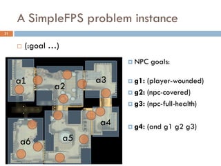 A SimpleFPS problem instance
31


        (:goal …)
                                NPC    goals:

     a1                   a3    g1: (player-wounded)
                a2
                                g2: (npc-covered)

                                g3: (npc-full-health)


                          a4    g4:   (and g1 g2 g3)
     a6              a5
 