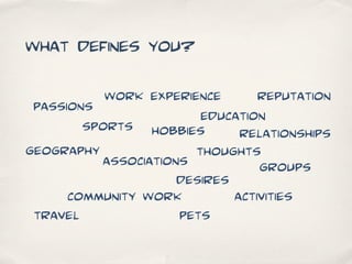 what defines you?

           work experience       reputation
 passions
                        education
        sports hobbies        relationships
geography              thoughts
          associations           groups
                     desires
      community work         activities
 travel              pets
 