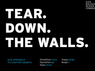 TEAR.
DOWN.
THE WALLS.
OUR APPROACH        @matthewmunoz   @aigaraleigh
TO CHAPTER GROWTH   @jonathanopp    #aiganc
                    @joeschram
 